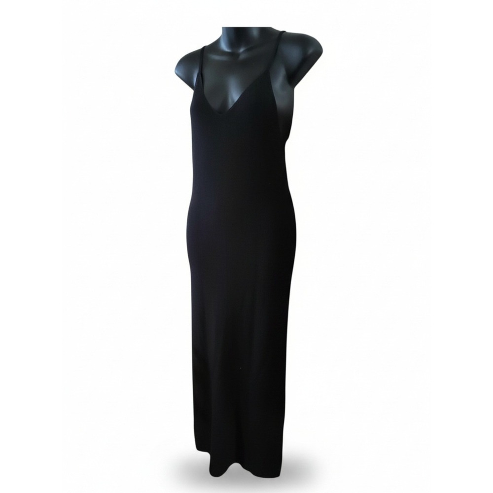 Freshman 1996‎ Black Ribbed Knit Maxi Slip Dress Spaghetti Straps V Neck size M - Picture 3 of 7